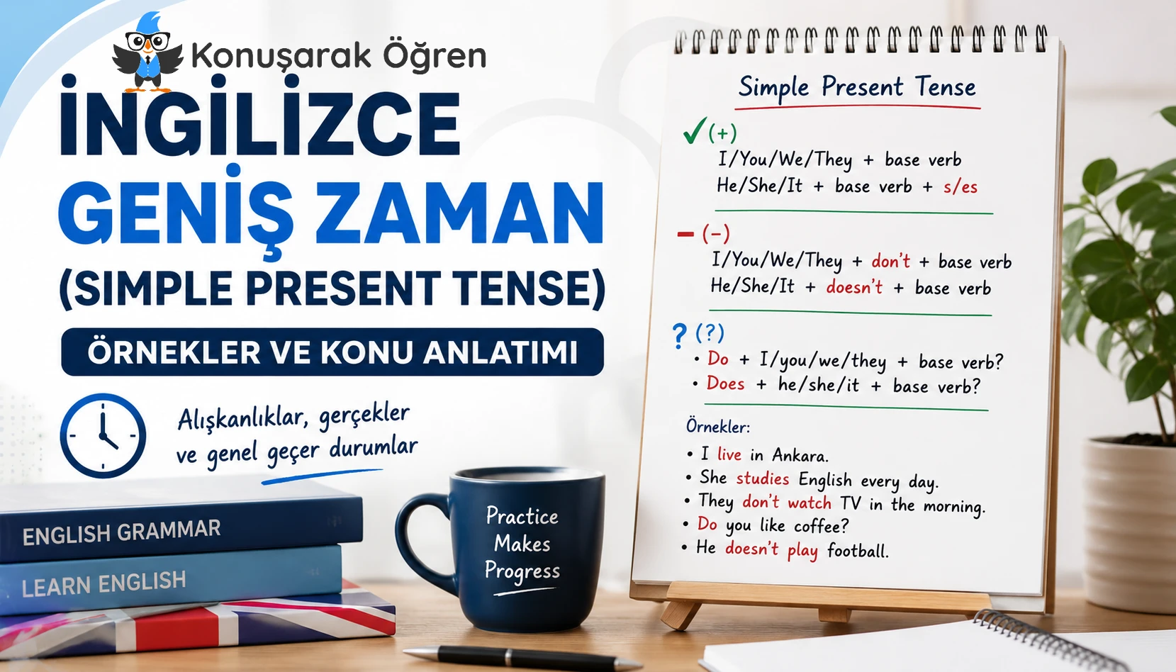 İngilizce geniş zaman (Simple Present Tense) konu anlatımı ve örneklerini gösteren eğitim görseli