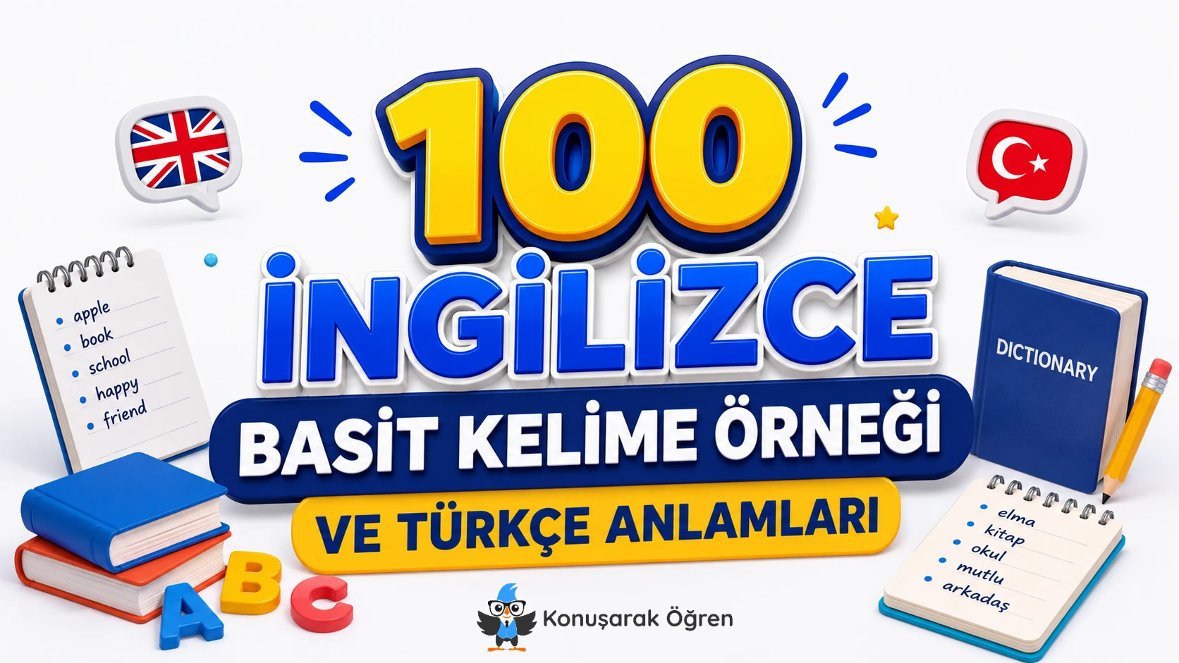 100 İngilizce Basit Kelime Örneği ve Türkçe Anlamları kapak