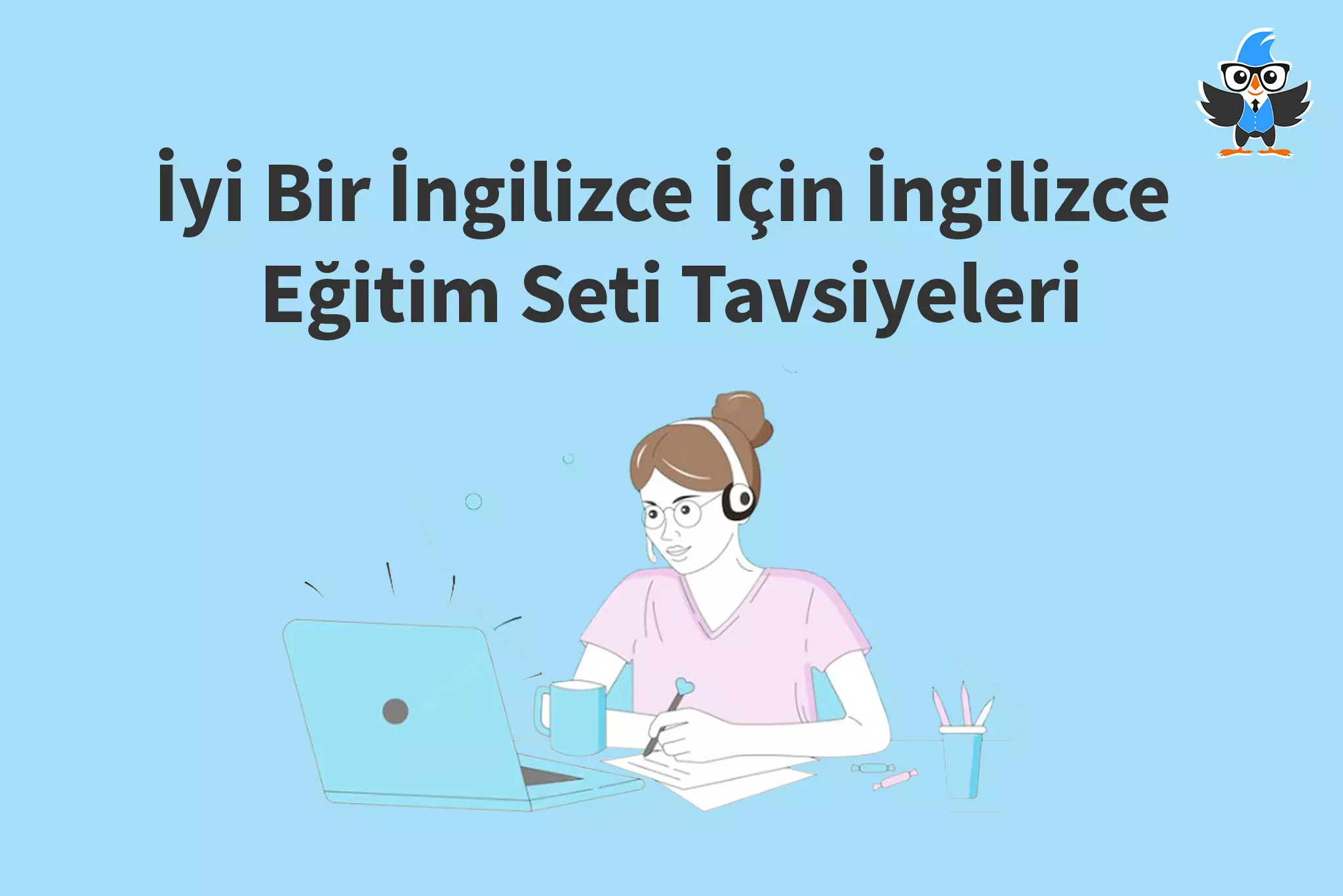 açık mavi arka plan üzerinde konuşarak öğren logosu ve iyi bir ingilizce için ingilizce eğitim seti tavsiyeleri