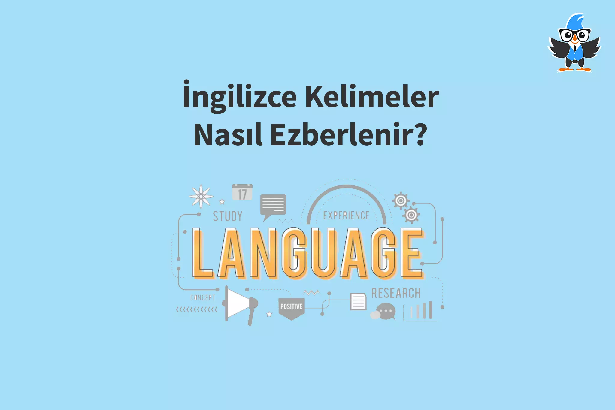 açık mavi arka plan üzerinde konuşarak öğren logosu, ingilizce kelimeler nasıl ezberlenir yazısı ve language yazısı banner