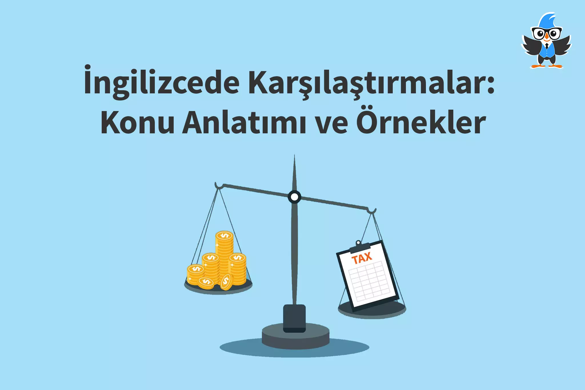 açık mavi arka plan üzerinde konuşarak öğren logosu, ingilize karşılaştırmalar konu anlatımı ve örnekler yazısı ve vektörel terazi çizimi