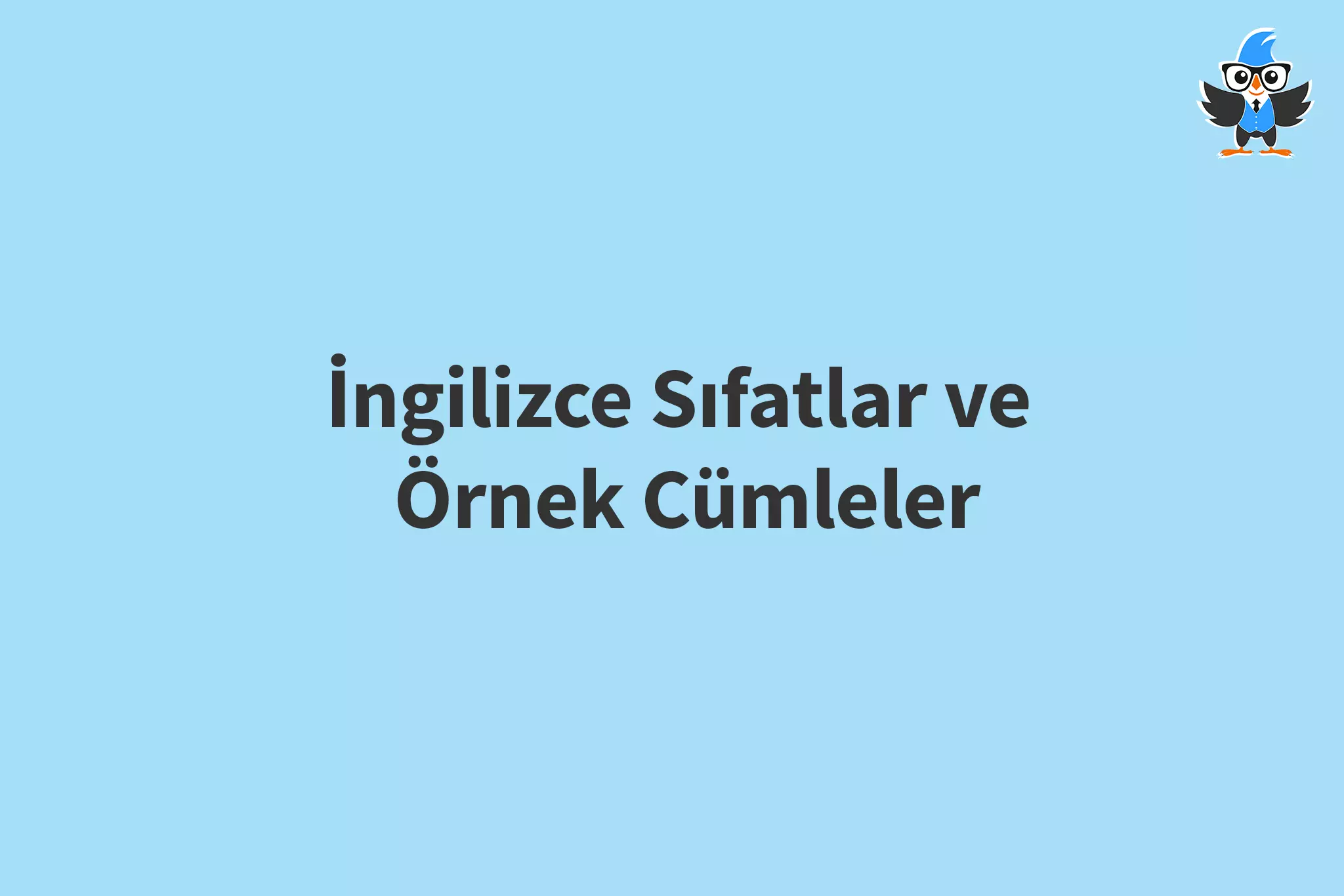 açık mavi arka plan üzerinde konuşarak öğren logosu ve ingilizce sıfatlar ve örnek cümleler