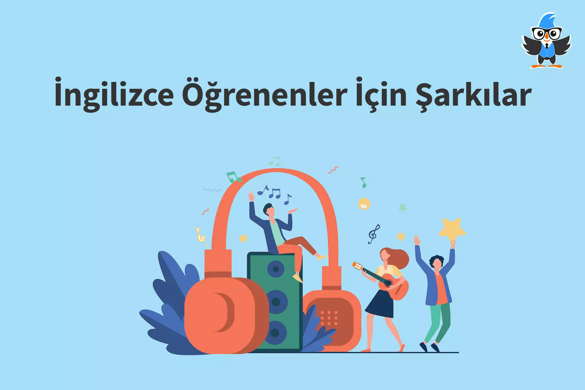 açık mavi arka plan üzerinde konuşarak öğren logosu ve ingilizce öğrenenler için şarkılar yazısı