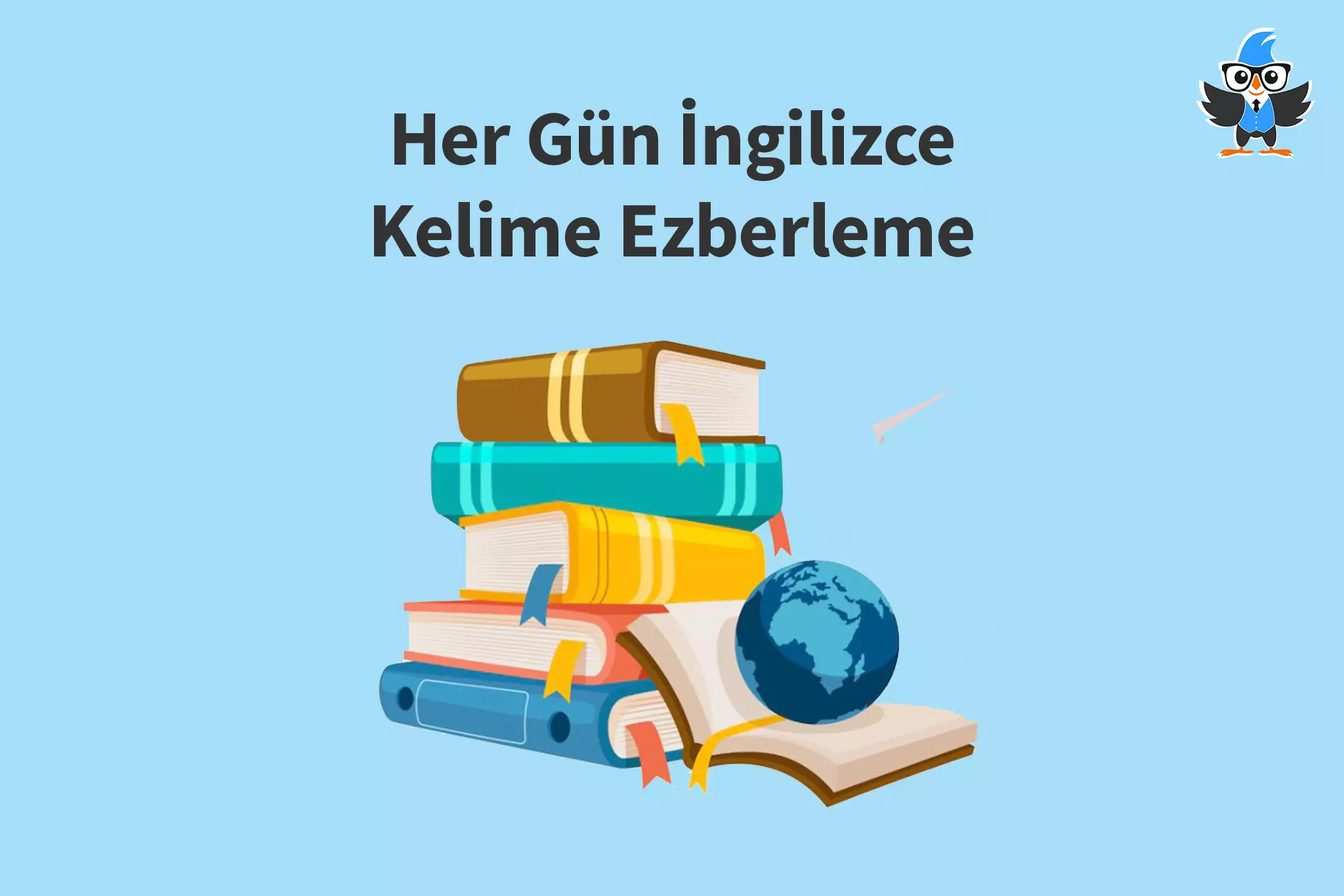 açık mavi arka plan üzerinde konuşarak öğren logosu, her gün ingilizce kelime ezberleme yazısı ve 5 tane üst üste koyulmuş kitap vektörel çizimi