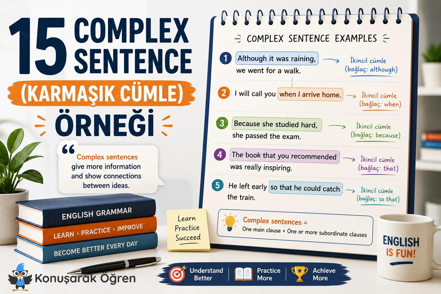 İngilizcede Complex Sentence (karmaşık cümle) yapısını ve 15 örneği açıklayan eğitim amaçlı infografik.