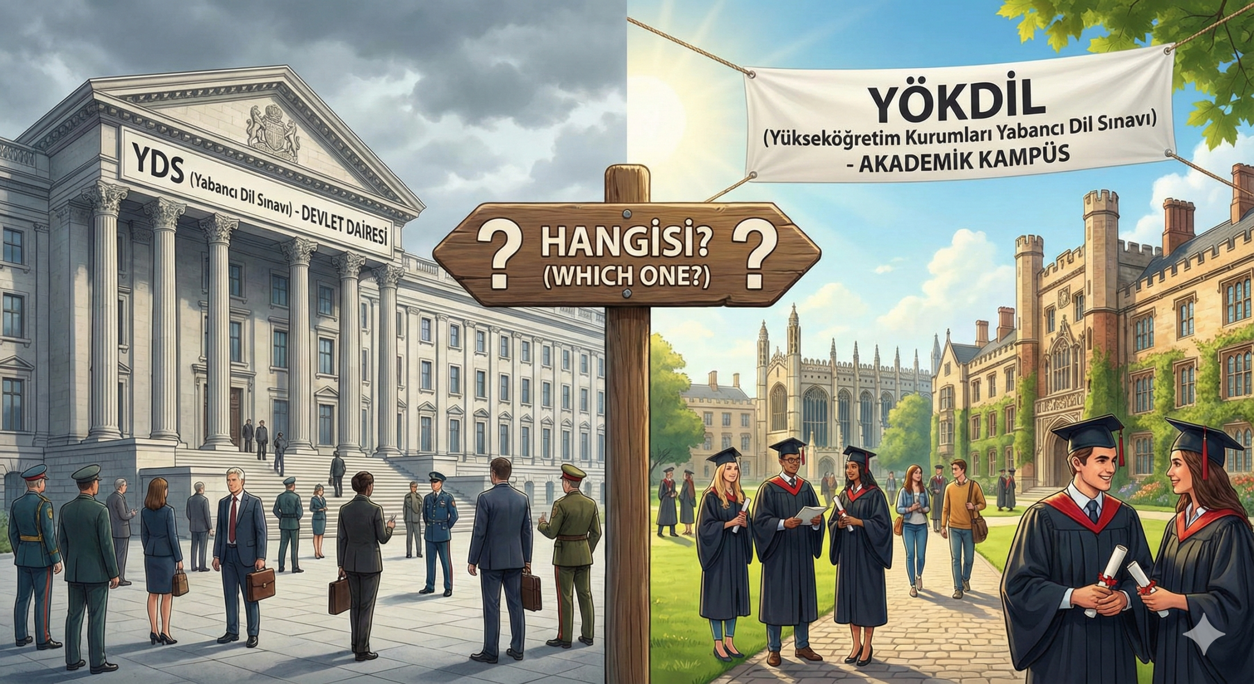 YDS ve YÖKDİL sınavları arasındaki kariyer ve akademik hedef farklarını gösteren karşılaştırma görseli.