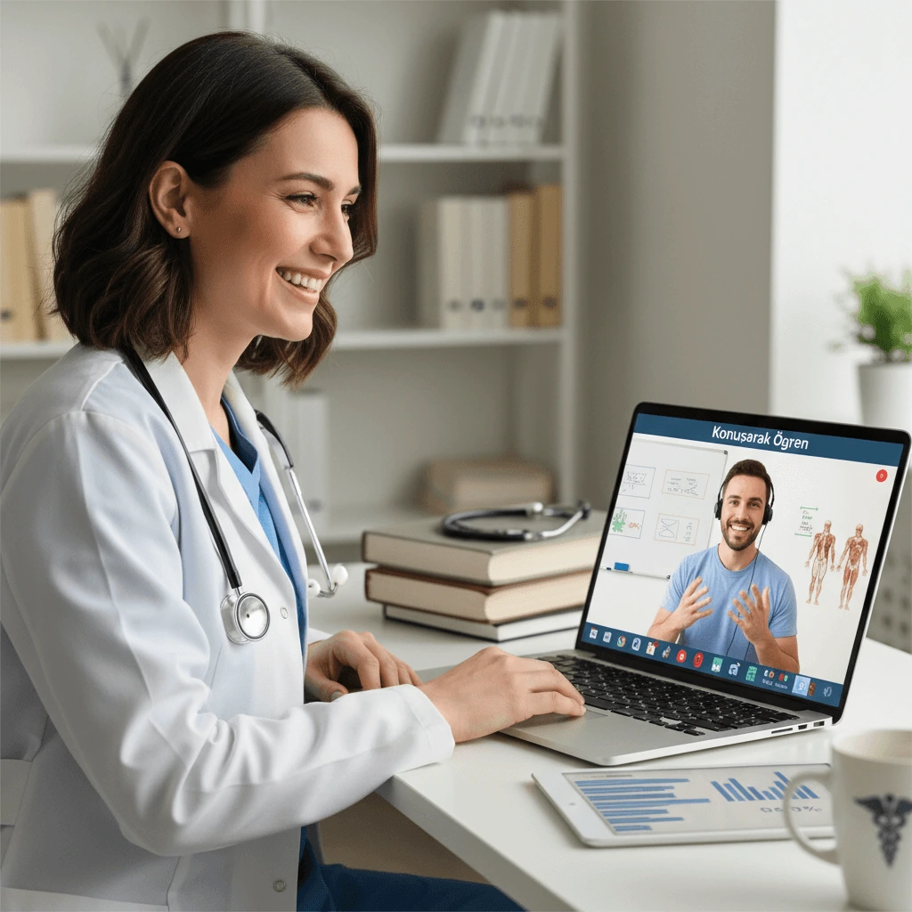 native eğitmen ile online tıp ingilizcesi dersi yapan doktor