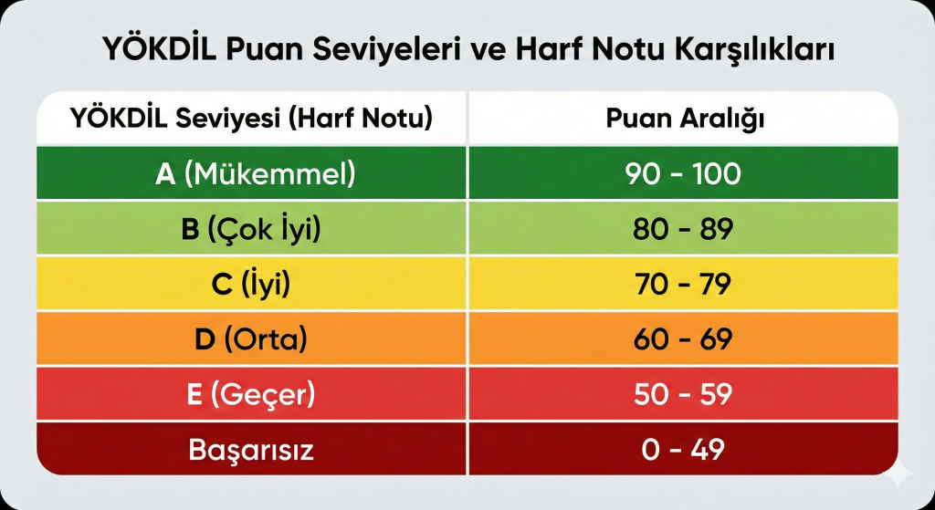 yökdil puan seviyeleri tablosu ve harf notu karşılıkları
