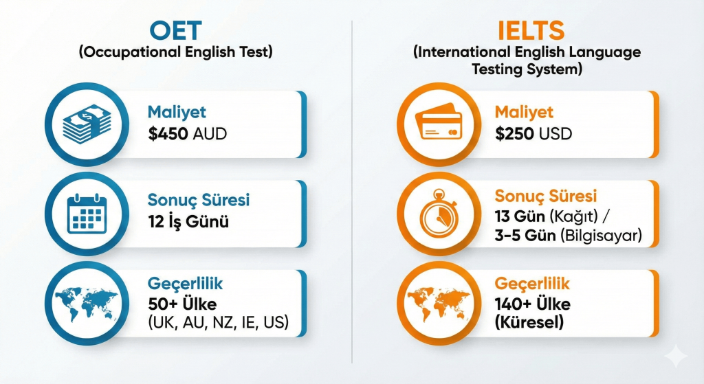 OET IELTS farkı fiyat karşılaştırması ve sınav sonuç süreleri tablosu.