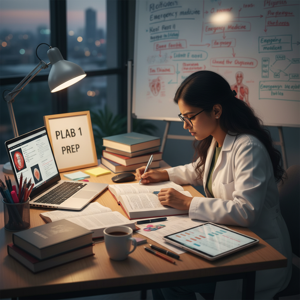 PLAB 1 sınavına hazırlanan doktor ve çalışma masası