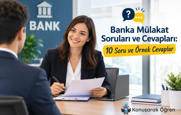 Banka mülakatında aday ve insan kaynakları uzmanının iş görüşmesini gösteren, banka mülakat soruları konulu blog görseli.
